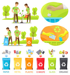 People caring for nature vector, volunteering man and woman with bags for garbage, bins with signs of recycling, sorting of disposal ewaste and paper. Volonteers in park