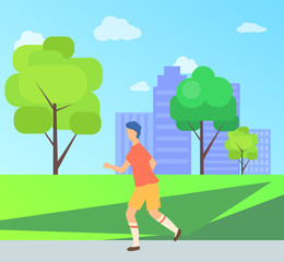 Man in sportswear running in city park, side view of male going near trees and skyscraper, outdoor activity, training athletic, sportsman decoration vector