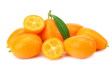 Cumquat or kumquat with slices and leaves isolated on white background