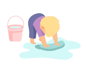 Fototapeta na wymiar Cute Little Boy Washing Floor with Rag and Bucket, Adorable Kid Doing Housework Chores at Home Vector Illustration