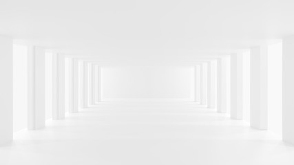 Empty white room corridors with wall lights, 3d rendering.