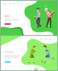 Men with golf-club, males character running with ball, golf and football web poster, people training with equipment, competition or leisure vector. Website or webpage template, landing page flat style