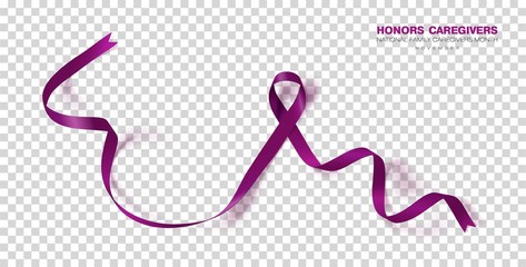 Honors Caregivers. National Family Caregivers Month. Plum Color Ribbon Isolated On Transparent Background. Vector Design Template For Poster.