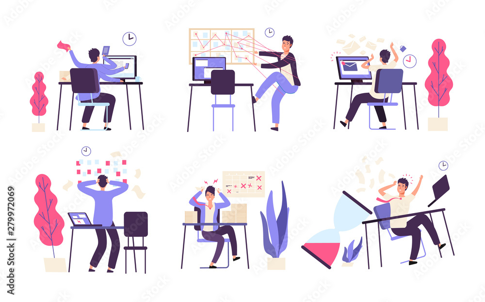 Poster people unorganized. men fail scheduled task efficiency productivity time management vector concept. 