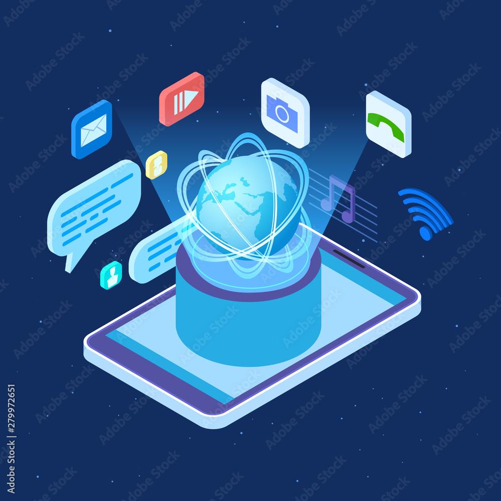 Poster worldwide social network vector isometric concept. global social networking applications illustratio