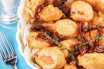 Mediterranean dish, salmon meat fried in butter served in rosemary dough