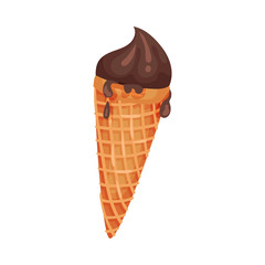 Chocolate ice cream in a waffle cone. Vector illustration on white background.