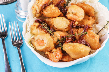 Mediterranean dish, salmon meat fried in butter served in rosemary dough