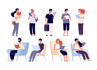 People read books. Group of women and man reading book standing and sitting on chair. Students standing in library vector characters. Illustration of woman and man sitting, reading book and studying