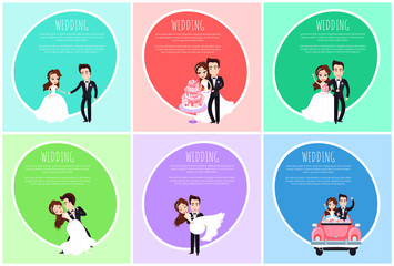 Wedding set postcard decorated by newlyweds standing together, cutting holiday cake, dancing and going in retro car, romantic invitation, ceremony vector