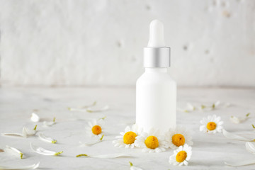 Fototapeta na wymiar Bottle of cosmetic product with chamomile flowers on light table