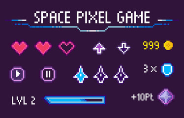 Space pixel game vector, isolated set of hearts symbolizing life and health, icons of navigation, pause and play, level and experience, gaming points, pixelated cosmic object for mobile app games