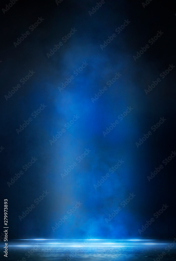 Wall mural empty street scene background with abstract spotlights light. night view of street light reflected o