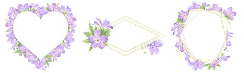 Frame set of lilac watercolor geranium flowers isolated on white background. Perfect for web design, cosmetics design, package, textile, wedding invitation, logo