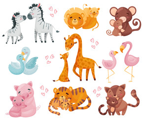 Collection de paires d& 39 animaux. Maman et bébé. Illustration vectorielle sur fond blanc.
