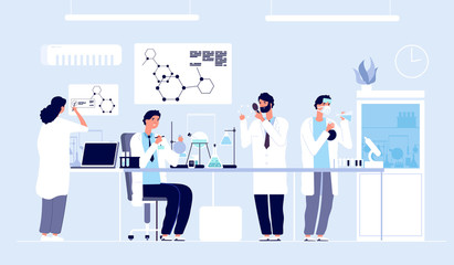Scientists in lab. People in white coat, chemical researchers with laboratory equipment. Drug development cartoon vector concept. Illustration of scientist in laboratory, science experiment in lab - obrazy, fototapety, plakaty