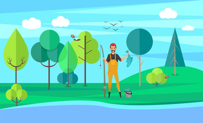 Smiling man holding fish-rod and pike, green trees and grass, cloudy sky. Male character standing on coast near bucket and river, hobby fishing vector