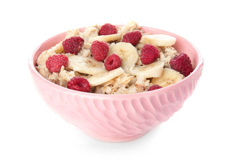 Bowl with tasty sweet oatmeal on white background