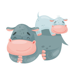 Small and large hippos. Vector illustration on white background.
