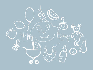 Kids set hand-drawn doodle. Stroller, nipple, toys. Vector color contour illustration.
