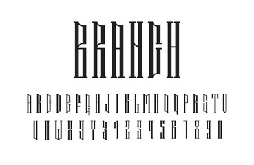 Ethnic vector serif font. Authentic slavic stylized alphabet bold symbols. Decorative isolated uppercase black letters and numbers on white background. Creative minimal latin typeset