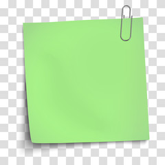 Vector paper mockup of light green note attached by metallic paper clip to transparent background