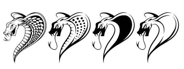 Set of Black King Cobra logo. Snake Tattoo. Indian cobra illustration, drawing. Vector illustration, aggressive and evil spectacled cobra or Naja naja. Vector graphics to design