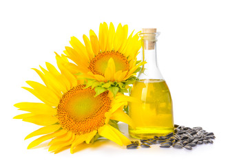 Composition with sunflower oil on white background