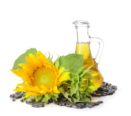 Composition with sunflower oil on white background