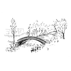 Landscape with a bridge. Hand-drawn sketch style vector illustration. Isolated on white background. 