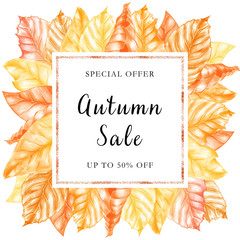 Watercolor autumn fall frame with yellow leaves. Could be used for wedding invites, autumn festivals, sales, greeting cards, back to school cards and other autumn events.