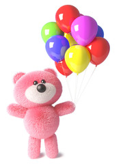 Happy teddy bear with pink fluffy fur has party balloons for a celebration, 3d illustration