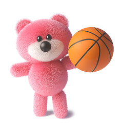 Pink teddy bear character with soft fur holding a basketball, 3d illustration