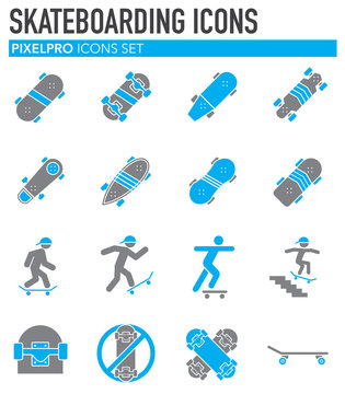 Skateboarding related icons set on background for graphic and web design. Simple illustration. Internet concept symbol for website button or mobile app.