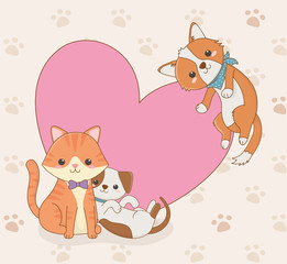 cute little dogs and cat mascots with heart love