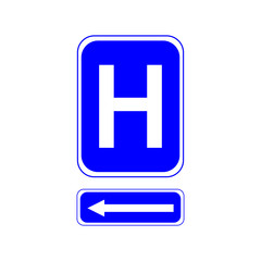 Fototapeta premium Hospital sign. Letter H on a blue background. And the left arrow