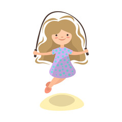 Little girl jumping with jump rope, summer kids activity, vector cartoon illustration