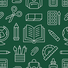 School supplies seamless pattern with line icons. Study tools background - globe, calculator, book, pencil, scissors, backpack vector illustration. Green white wallpaper for stationery sale brochure