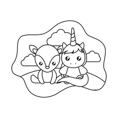 cute little unicorn with reindeer baby in landscape