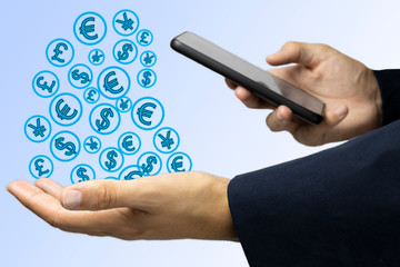 Hand handle money with phone smartphone