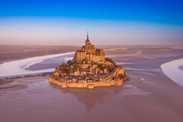 Aerial view of Panoramic view with sunset sky scene at Mont-Saint-Michel, Normandy, France