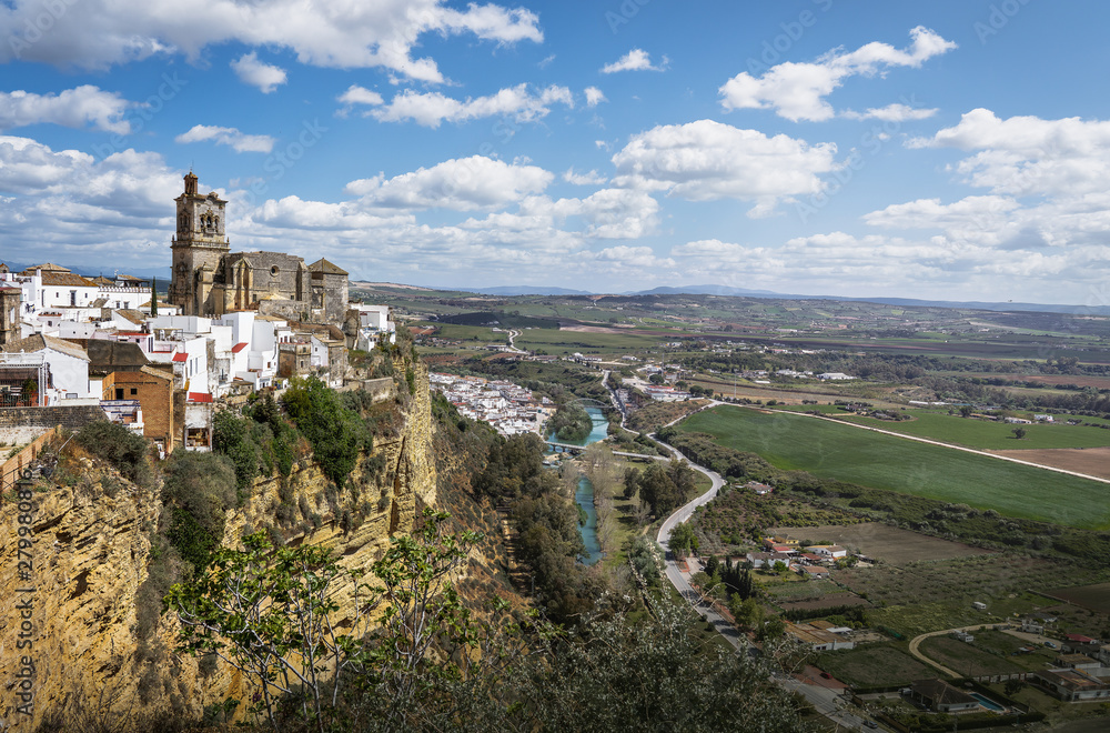 Sticker aerial view of arcos de la frontera with st. mary parish church - cadiz province, andalusia, spain