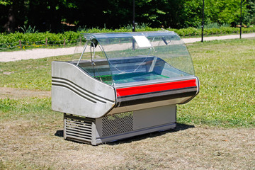 Empty refrigerator showcase standing on the grass in the park