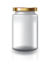 Blank clear round jar with gold lid high size for supplements or food product. Isolated on white background with reflection shadow. Ready to use for package design. Vector illustration.