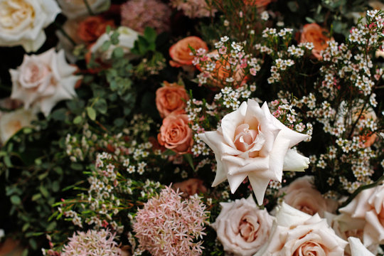 A bouquet of beautiful roses, allium and gypsophilas at the spring festival