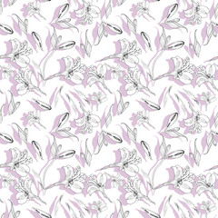 Fototapeta na wymiar Seamless floral pattern. Pattern with ink graphics flowers on white background with purple shades. Alstroemeria. Seamless pattern with hand drawn plants. Herbal Botanical illustration.