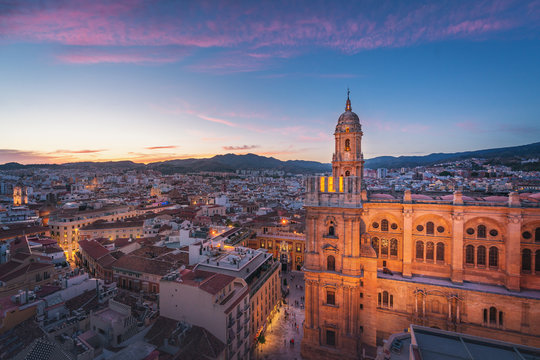 Aerial view of Malaga city and Cathedral at sunset - Malaga, Andalusia, Spain