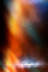 Wet asphalt, neon light reflected on a wet surface, smoke, smog. The lights of the night city.