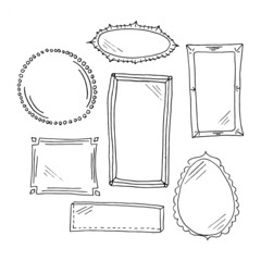Doodle frames set. Collection of simple hand drawn black doodle frames and mirrors. Isolated on white background. Vector illustration.