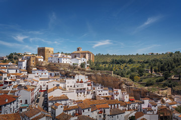 Fototapeta premium Aerial view of Setenil de las Bodegas - Setenil de las Bodegas, Cadiz Province, Andalusia, Spain